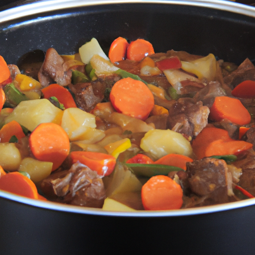 A hearty beef and vegetable stew simmering in a Dutch oven.