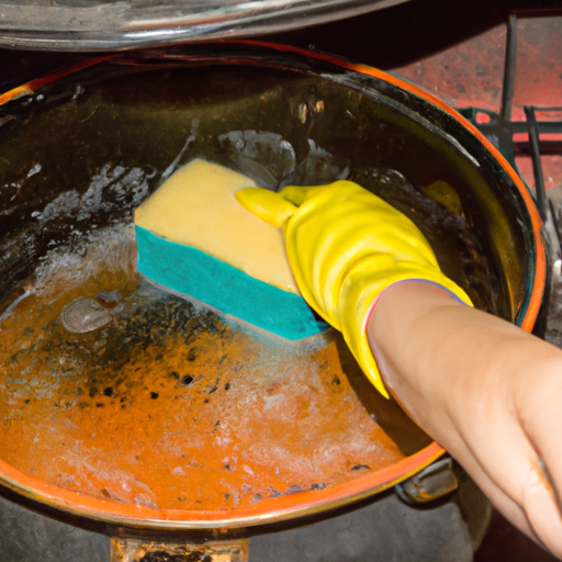 A person cleaning a Dutch oven with a sponge and dish soap.