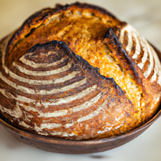 Freshly baked artisan bread with a crispy crust, made in a Dutch oven.