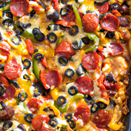 A mouthwatering Dutch oven pizza with a golden brown crust and a variety of colorful toppings.